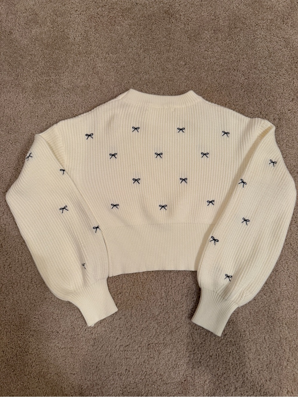 Altrd State Cream Cropped Knit Sweater with Navy Bow Embroidery